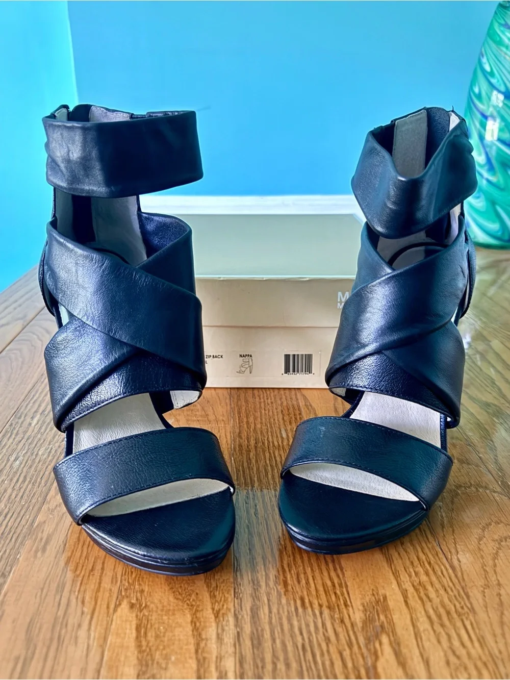 MICHAEL Michael Kors Black Leather Crisscross Ankle-Heel Sandals